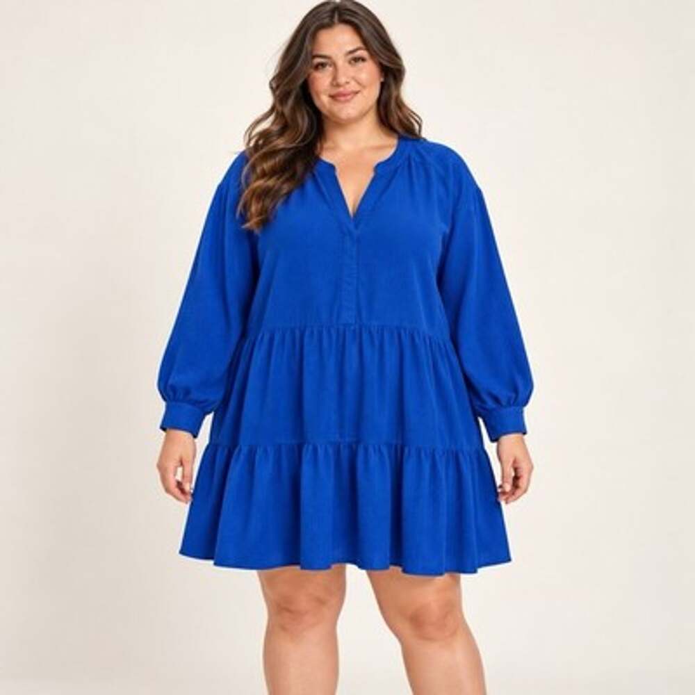 Calvin Klein Tiered Tunic Dress Women Size 22W Royal Blue Long Sleeves